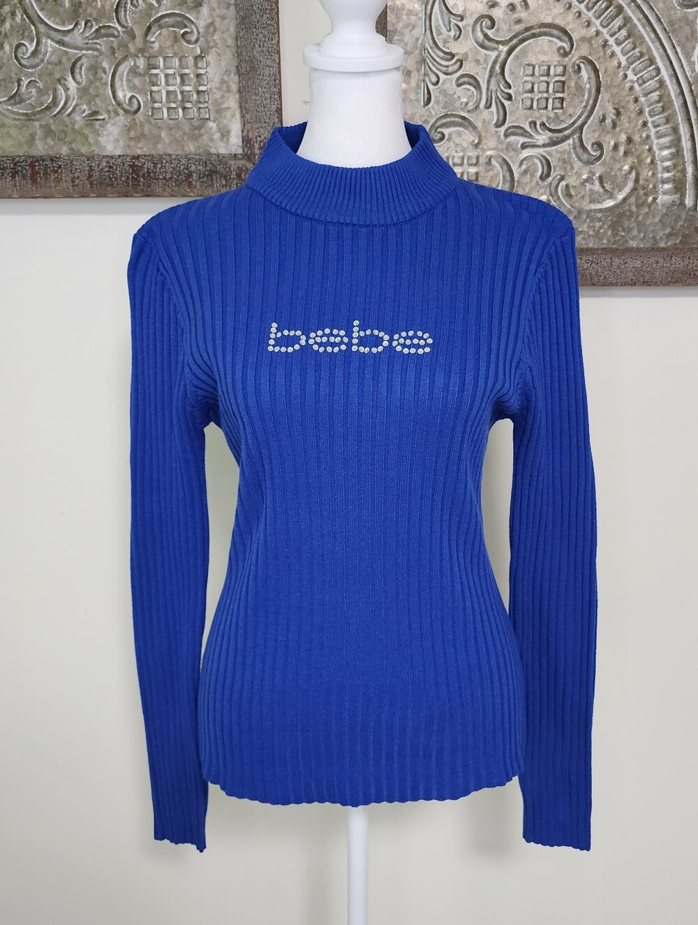 bebe Y2K Royal Blue Ribbed Mock Neck Long-Sleeve Top Crystal Logo Medium Preppy